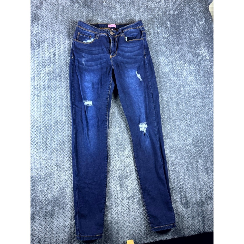 April Girl Jeans Womens 7 Blue Denim Mid Rise Distressed Whiskering Skinny Leg